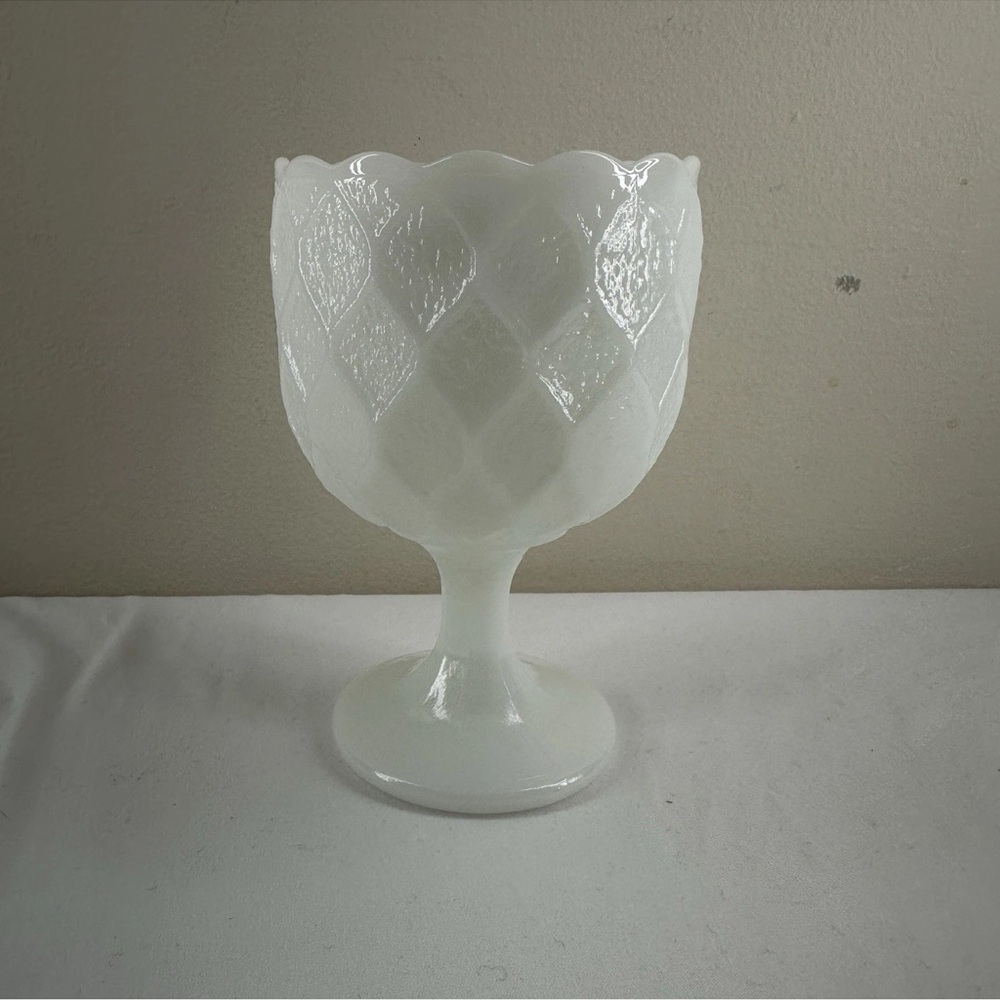 MCM Milk Glass Pedestal Candy Dish Scalloped Rim Quilted Lattice Design